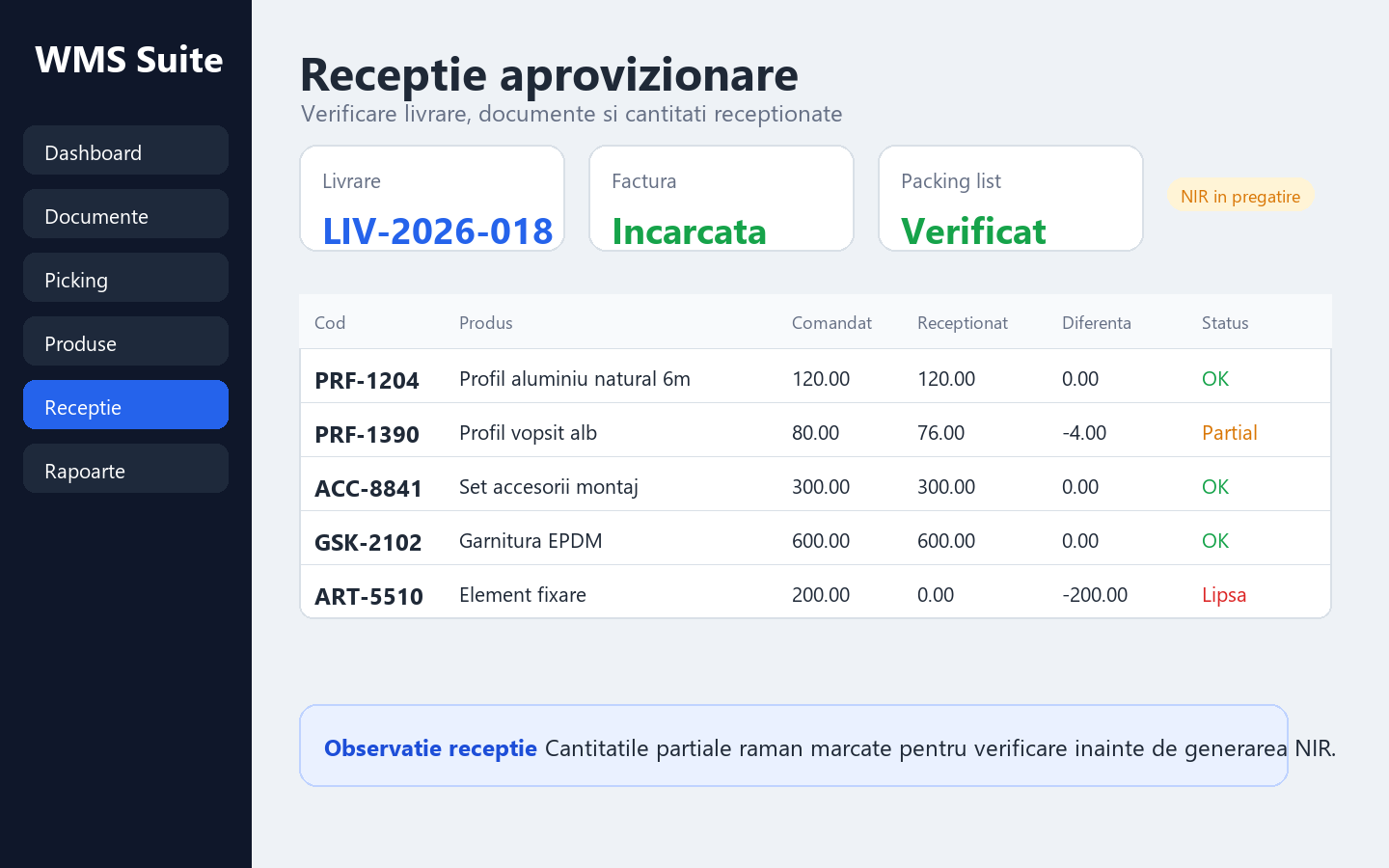 WMS Receptie aprovizionare